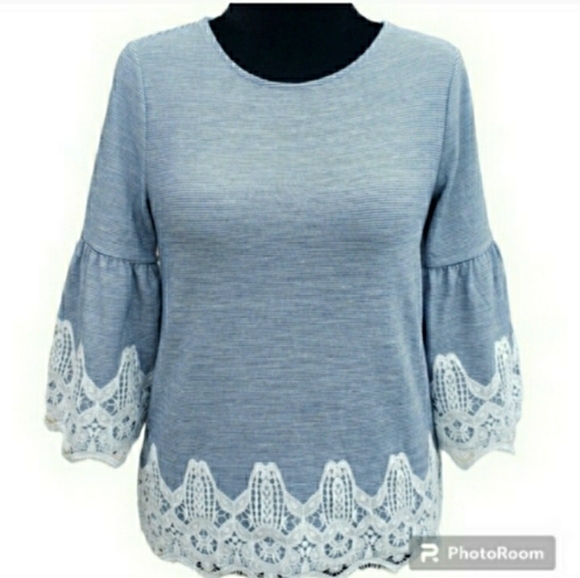 Chico's Top French Pinstripe Lantern Sleeve Blue White Stretch MED 🦋RETAIL $89- - Picture 4 of 11